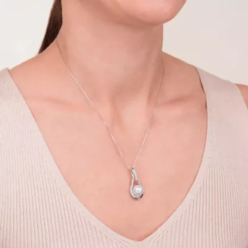 Womens Diamond Accent White Cultured Freshwater Pearl Sterling Silver 18 Inch Pendant Necklace