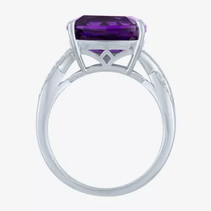 Womens Lab Created Purple Amethyst Sterling Silver Cushion Halo Cocktail Ring