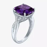Womens Lab Created Purple Amethyst Sterling Silver Cushion Halo Cocktail Ring