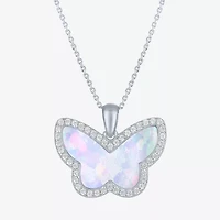 Womens Lab Created White Opal Sterling Silver Butterfly 18 Inch Pendant Necklace