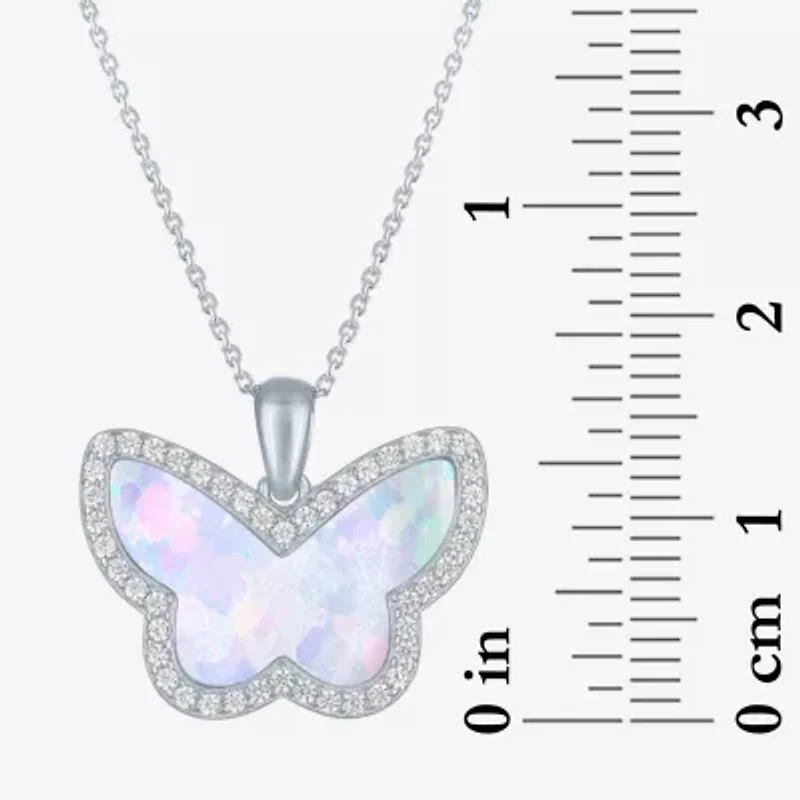 Womens Lab Created White Opal Sterling Silver Butterfly 18 Inch Pendant Necklace