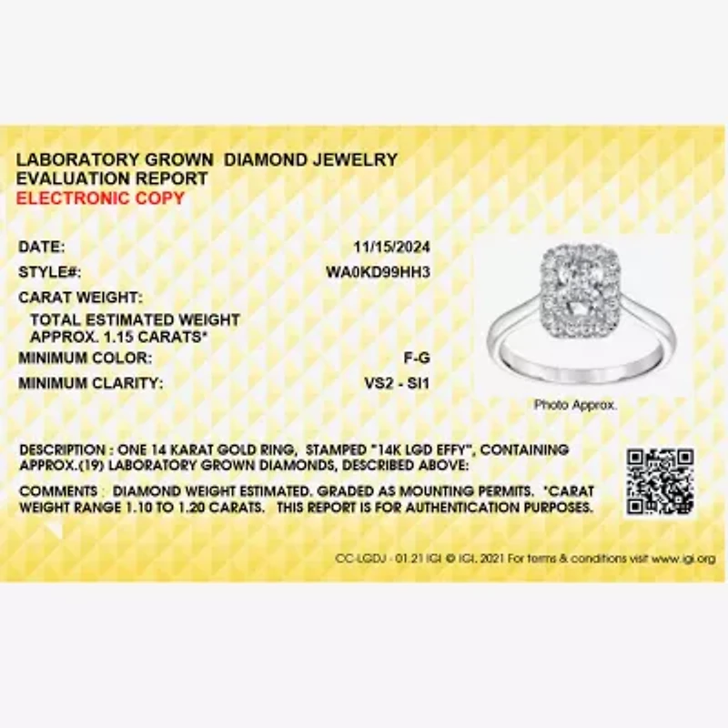 Effy  (G / Vs2-Si1) Womens 1 CT. T.W. Lab Grown White Diamond 14K White Gold Rectangular Round Halo Engagement Ring
