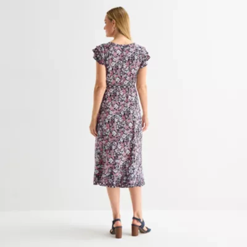 Perceptions Womens Short Sleeve Floral Midi Fit + Flare Dress