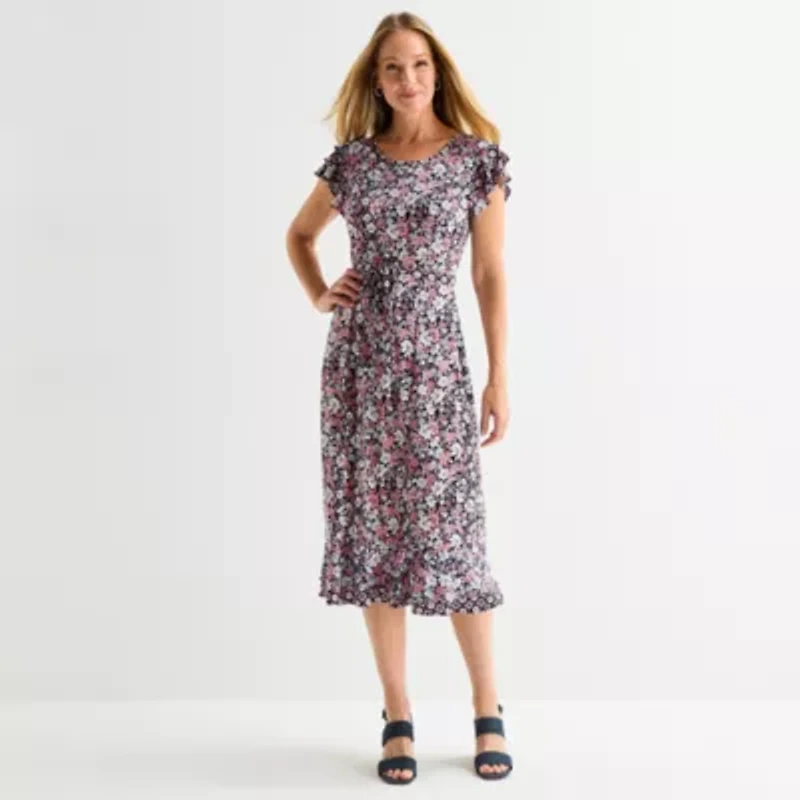 Perceptions Womens Short Sleeve Floral Midi Fit + Flare Dress