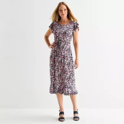 Perceptions Womens Short Sleeve Floral Midi Fit + Flare Dress