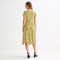 Perceptions Womens Short Sleeve Floral High-Low Fit + Flare Dress