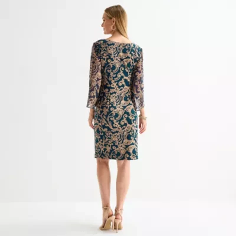 Connected Apparel Womens 3/4 Sleeve Scroll Sheath Dress