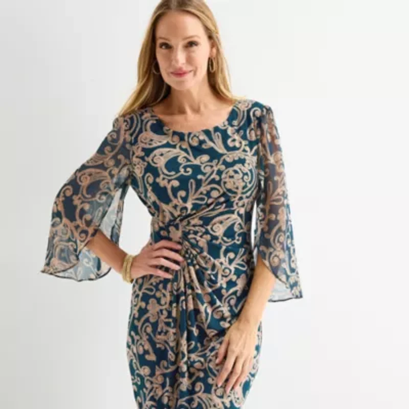 Connected Apparel Womens 3/4 Sleeve Scroll Sheath Dress