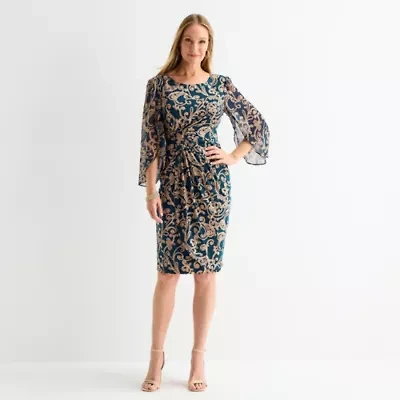 Connected Apparel Womens 3/4 Sleeve Scroll Sheath Dress