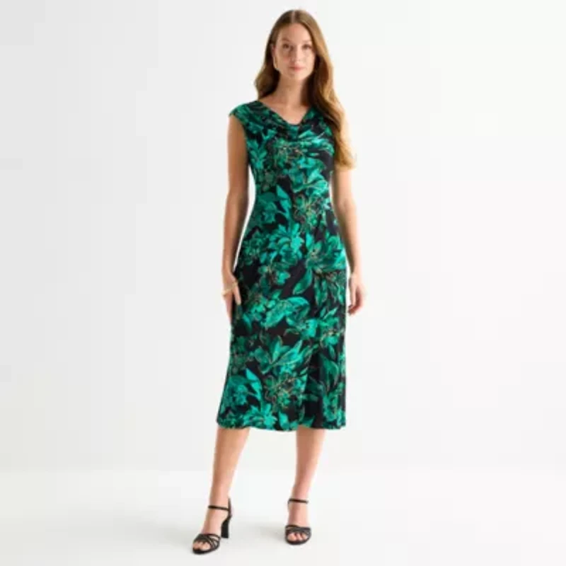 Connected Apparel Womens Short Sleeve Midi Floral Sheath Dress