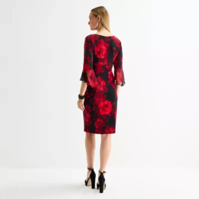 Connected Apparel Womens 3/4 Sleeve Floral Sheath Dress