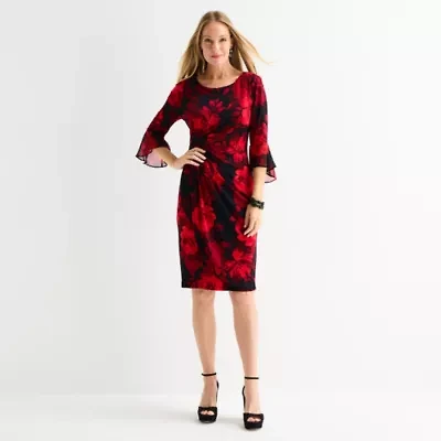 Connected Apparel Womens 3/4 Sleeve Floral Sheath Dress