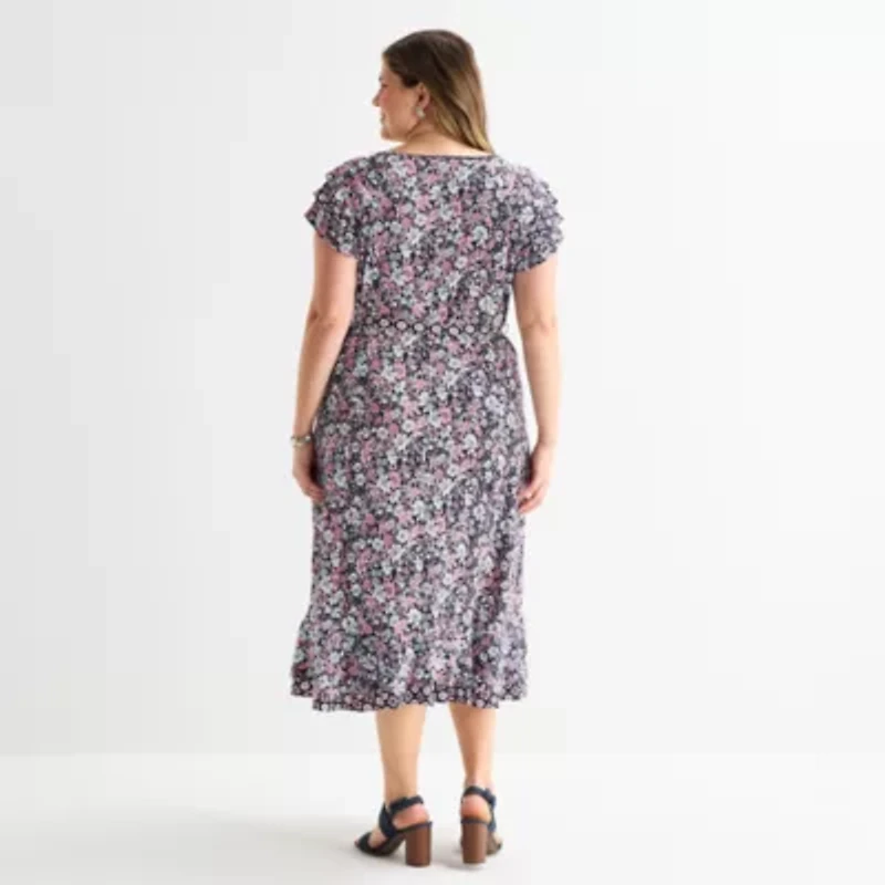 Perceptions Womens Plus Short Sleeve Floral Midi Fit + Flare Dress