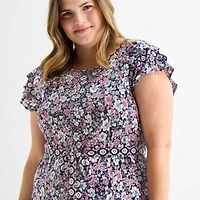 Perceptions Womens Plus Short Sleeve Floral Midi Fit + Flare Dress