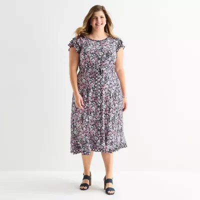 Perceptions Womens Plus Short Sleeve Floral Midi Fit + Flare Dress
