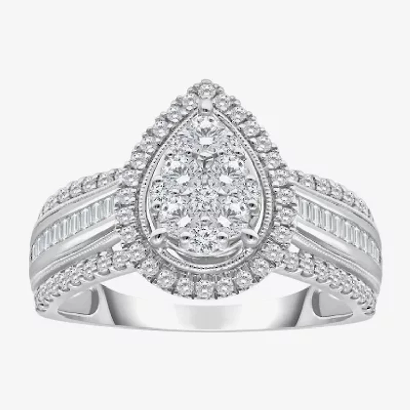 I-J / I2-I3 Womens 1 CT. T.W. Natural White Diamond 10K Gold Pear Side Stone Halo Engagement Ring