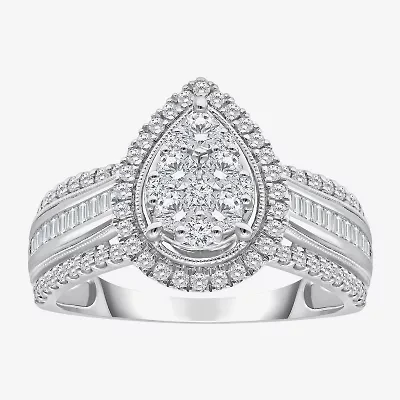 I-J / I2-I3 Womens 1 CT. T.W. Natural White Diamond 10K Gold Pear Side Stone Halo Engagement Ring