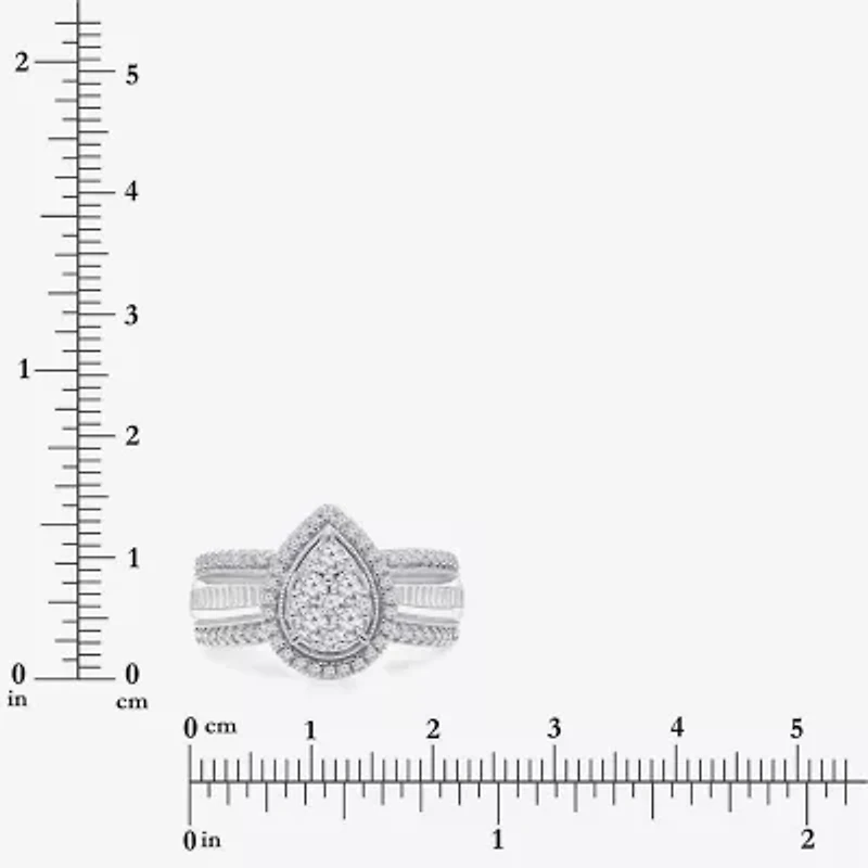 I-J / I2-I3 Womens 1 CT. T.W. Natural White Diamond 10K Gold Pear Side Stone Halo Engagement Ring