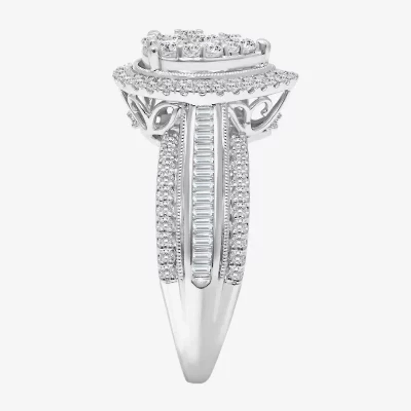 I-J / I2-I3 Womens 1 CT. T.W. Natural White Diamond 10K Gold Pear Side Stone Halo Engagement Ring