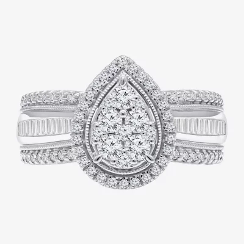 I-J / I2-I3 Womens 1 CT. T.W. Natural White Diamond 10K Gold Pear Side Stone Halo Engagement Ring