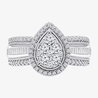 I-J / I2-I3 Womens 1 CT. T.W. Natural White Diamond 10K Gold Pear Side Stone Halo Engagement Ring