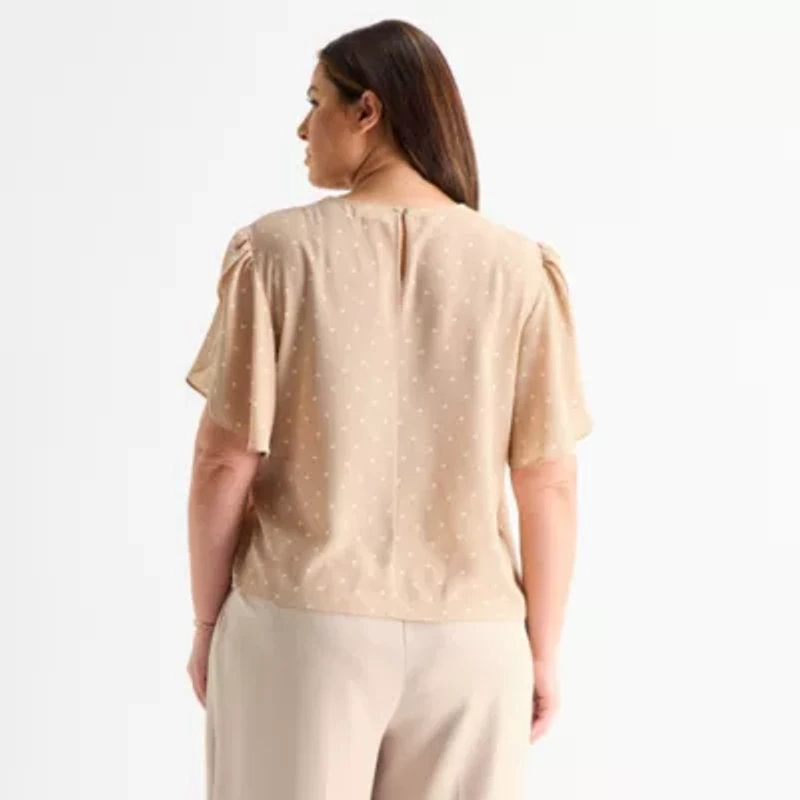 Liz Claiborne Womens Plus Round Neck Short Sleeve Blouse