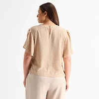 Liz Claiborne Womens Plus Round Neck Short Sleeve Blouse