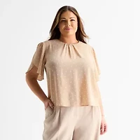 Liz Claiborne Womens Plus Round Neck Short Sleeve Blouse