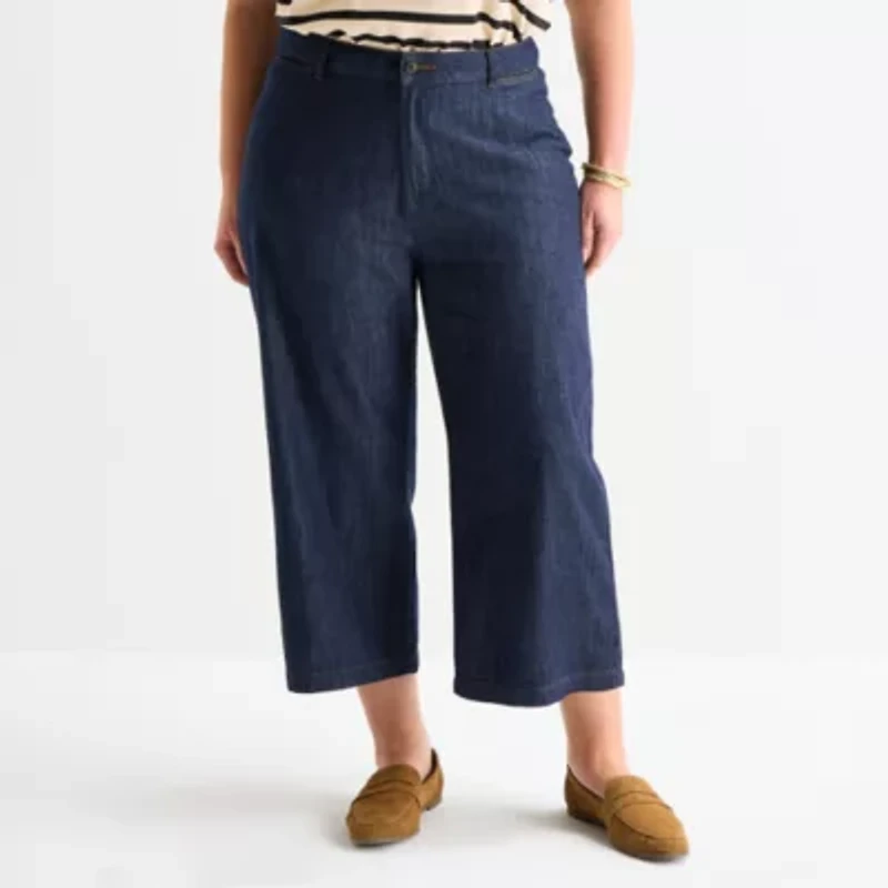 Liz Claiborne Womens Plus Wide Leg Mid Rise Cropped Pant