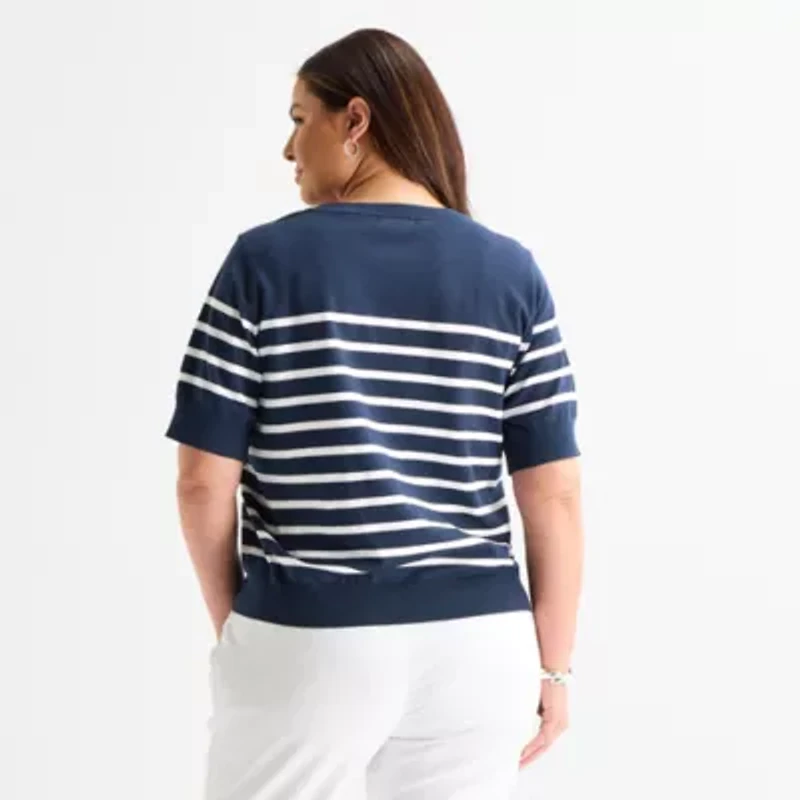 Liz Claiborne Plus Womens Crew Neck Short Sleeve Striped Pullover Sweater