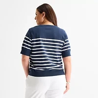 Liz Claiborne Plus Womens Crew Neck Short Sleeve Striped Pullover Sweater