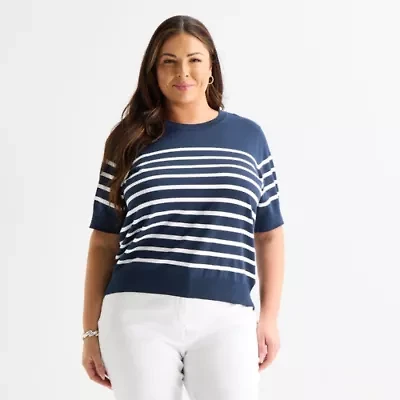 Liz Claiborne Plus Womens Crew Neck Short Sleeve Striped Pullover Sweater