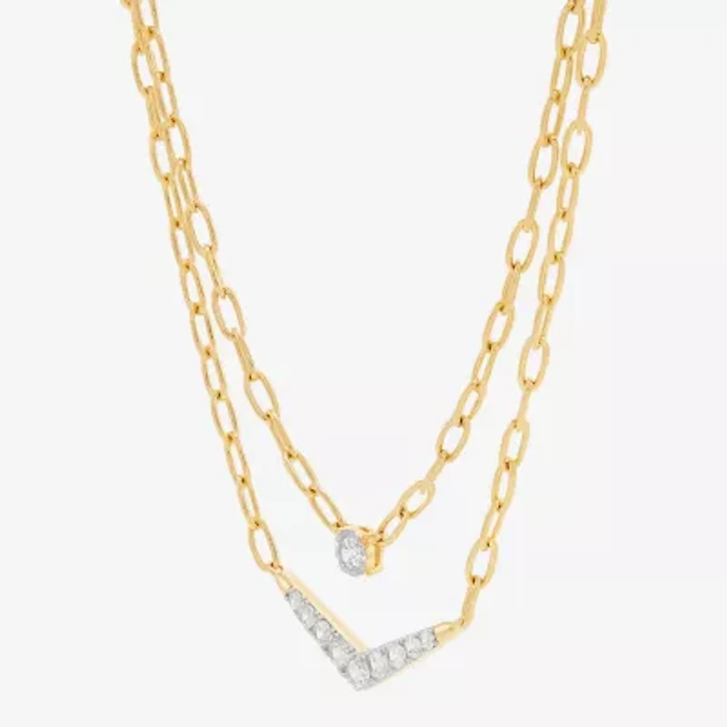 (H-I / Si2) Womens White Diamond 14K Gold Over Silver 16 1/2 Inch Chevron Necklace