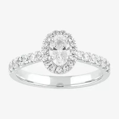 Certified (F / Si1) Womens / CT. T.W. Lab Grown White Diamond 10K Gold Oval Side Stone Halo Engagement Ring