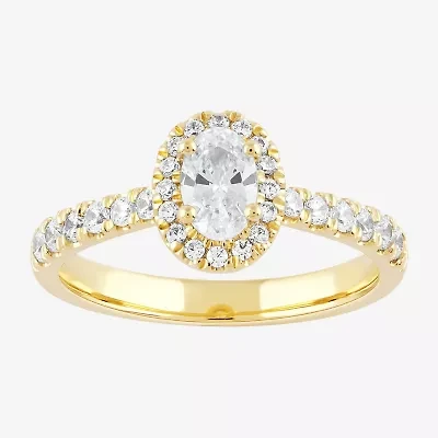Certified (F / Si1) Womens / CT. T.W. Lab Grown White Diamond 10K Gold Oval Side Stone Halo Engagement Ring