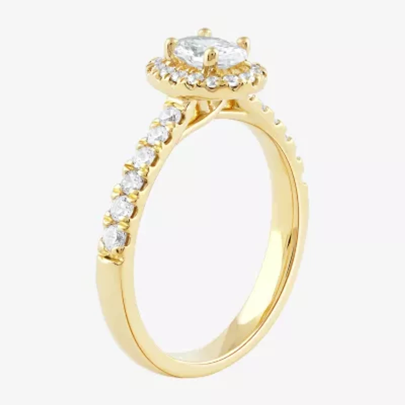 Certified (F / Si1) Womens / CT. T.W. Lab Grown White Diamond 10K Gold Oval Side Stone Halo Engagement Ring