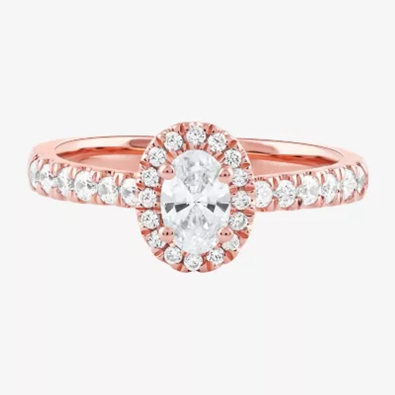 Certified (F / Si1) Womens 3/4 CT. T.W. Lab Grown White Diamond 10K Rose Gold Oval Side Stone Halo Engagement Ring