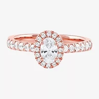 Certified (F / Si1) Womens 3/4 CT. T.W. Lab Grown White Diamond 10K Rose Gold Oval Side Stone Halo Engagement Ring
