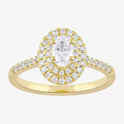 Certified (F / Si1) Womens / CT. T.W. Lab Grown White Diamond 10K Gold Oval Side Stone Halo Engagement Ring