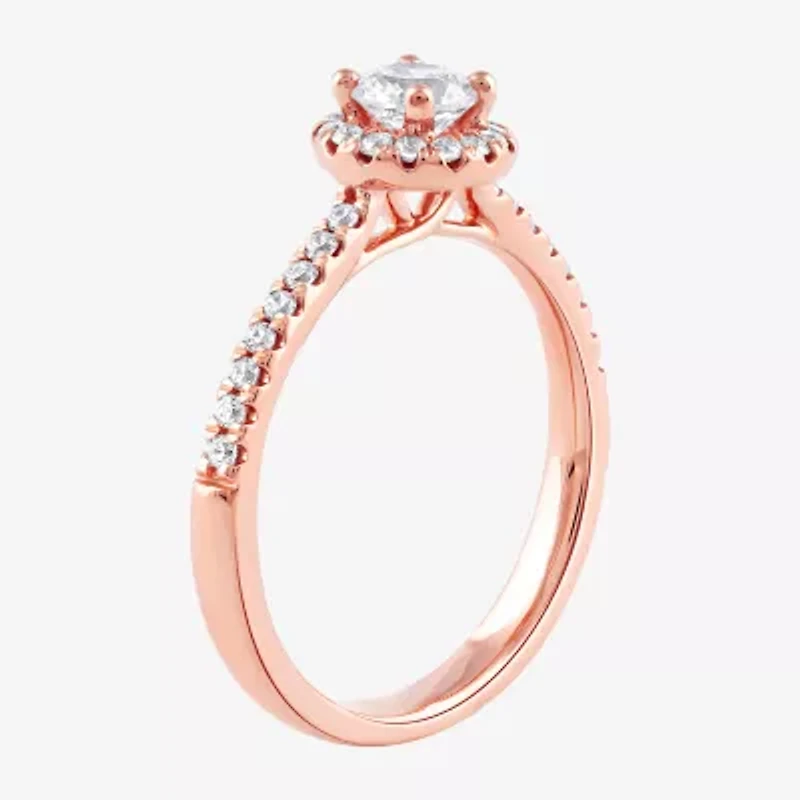 Certified (F / Si1) Womens / CT. T.W. Lab Grown White Diamond 10K Rose Gold Round Side Stone Halo Engagement Ring