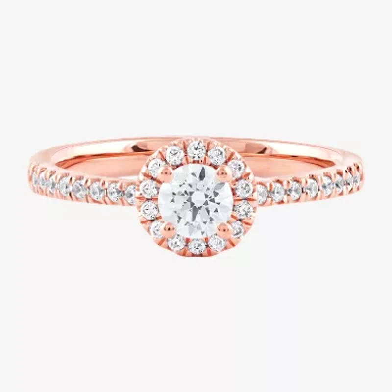 Certified (F / Si1) Womens / CT. T.W. Lab Grown White Diamond 10K Rose Gold Round Side Stone Halo Engagement Ring
