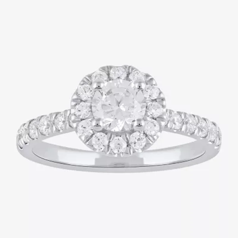 Certified (F / Si1) Womens / CT. T.W. Lab Grown White Diamond 10K Gold Round Side Stone Halo Engagement Ring