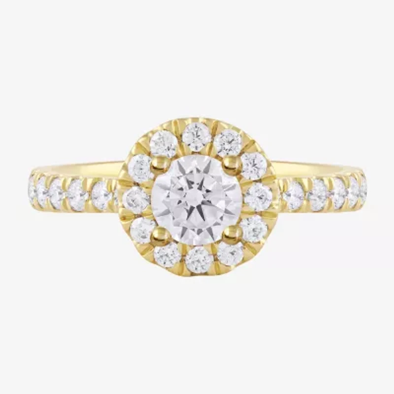 Certified (F / Si1) Womens / CT. T.W. Lab Grown White Diamond 10K Gold Round Side Stone Halo Engagement Ring