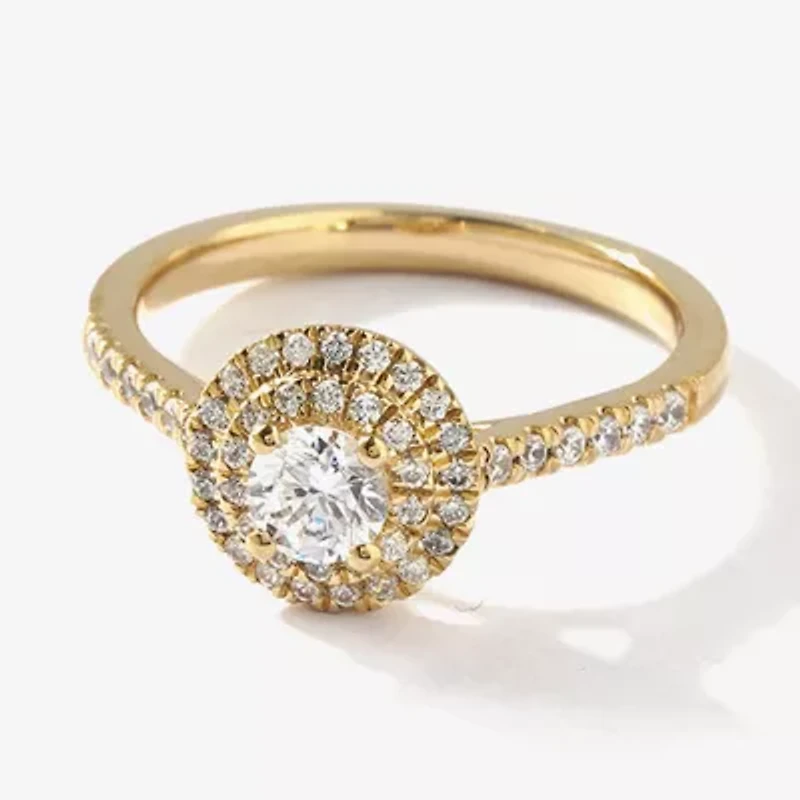 Certified (F / Si1) Womens / CT. T.W. Lab Grown White Diamond 10K Gold Round Side Stone Halo Engagement Ring