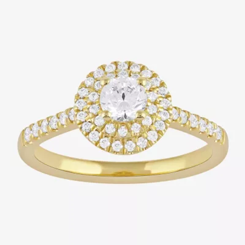 Certified (F / Si1) Womens / CT. T.W. Lab Grown White Diamond 10K Gold Round Side Stone Halo Engagement Ring
