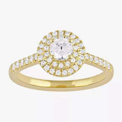 Certified (F / Si1) Womens / CT. T.W. Lab Grown White Diamond 10K Gold Round Side Stone Halo Engagement Ring