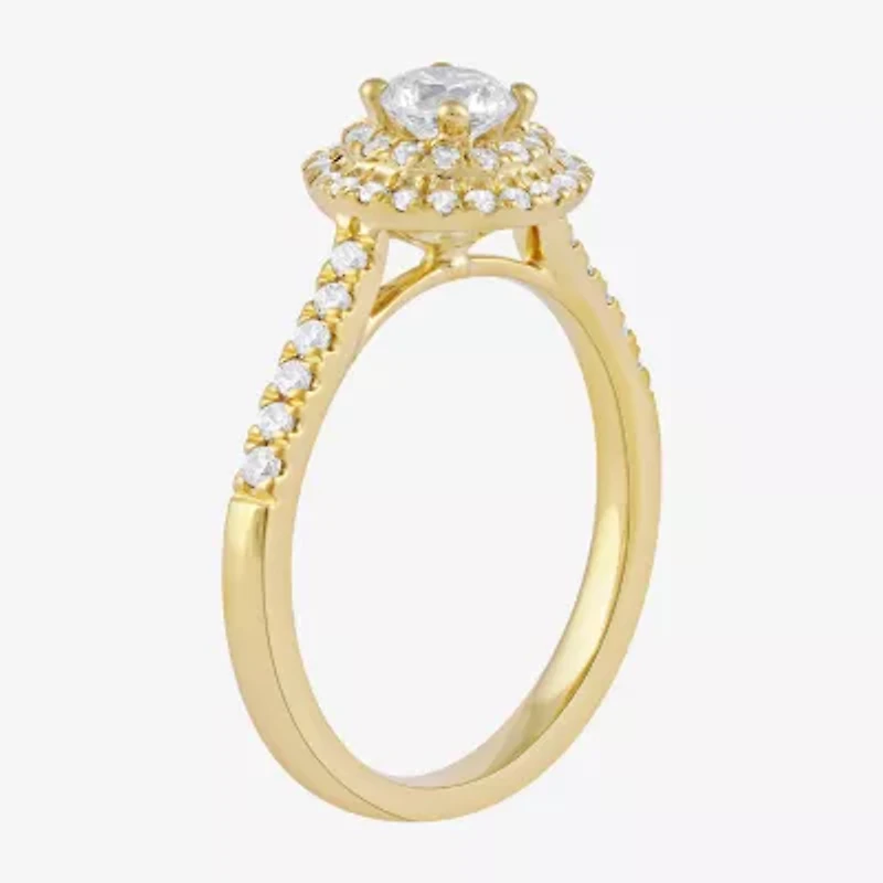 Certified (F / Si1) Womens / CT. T.W. Lab Grown White Diamond 10K Gold Round Side Stone Halo Engagement Ring