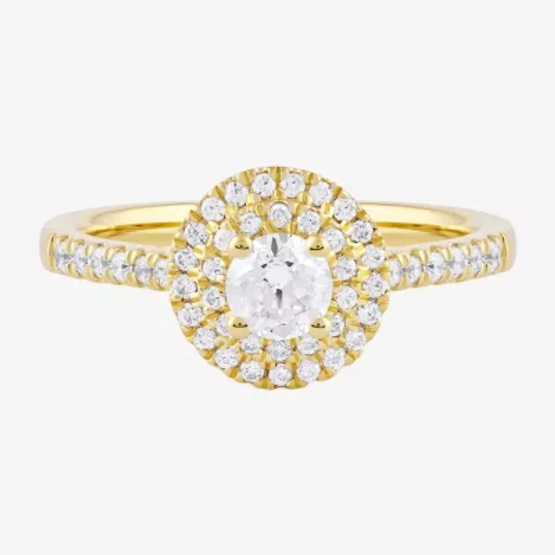 Certified (F / Si1) Womens / CT. T.W. Lab Grown White Diamond 10K Gold Round Side Stone Halo Engagement Ring