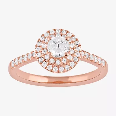 Certified (F / Si1) Womens CT. T.W. Lab Grown White Diamond 10K Rose Gold Round Side Stone Halo Engagement Ring