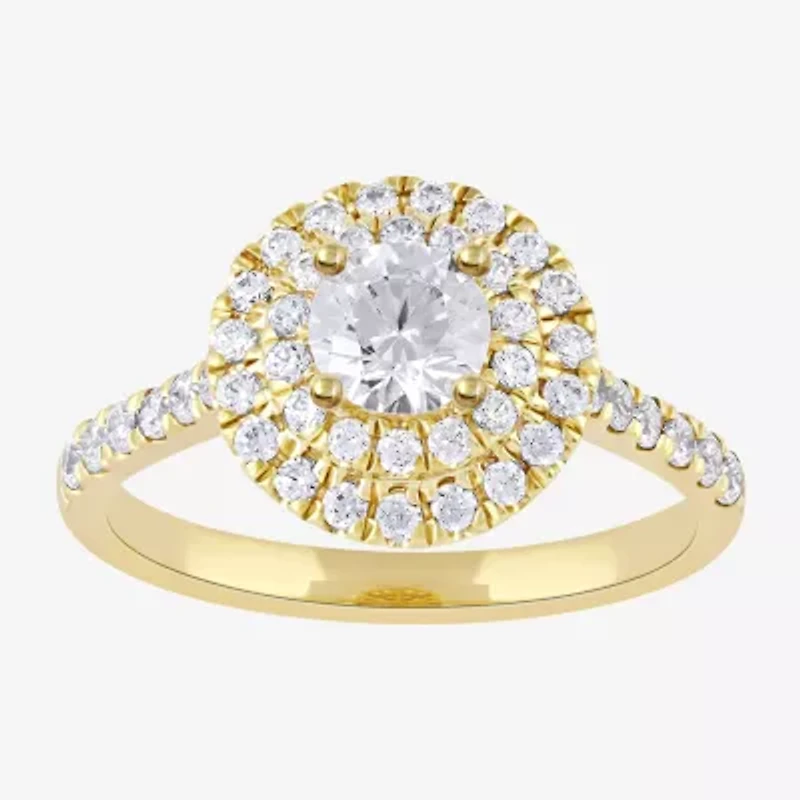 Certified (F / Si1) Womens / CT. T.W. Lab Grown White Diamond 10K Gold Round Side Stone Halo Engagement Ring